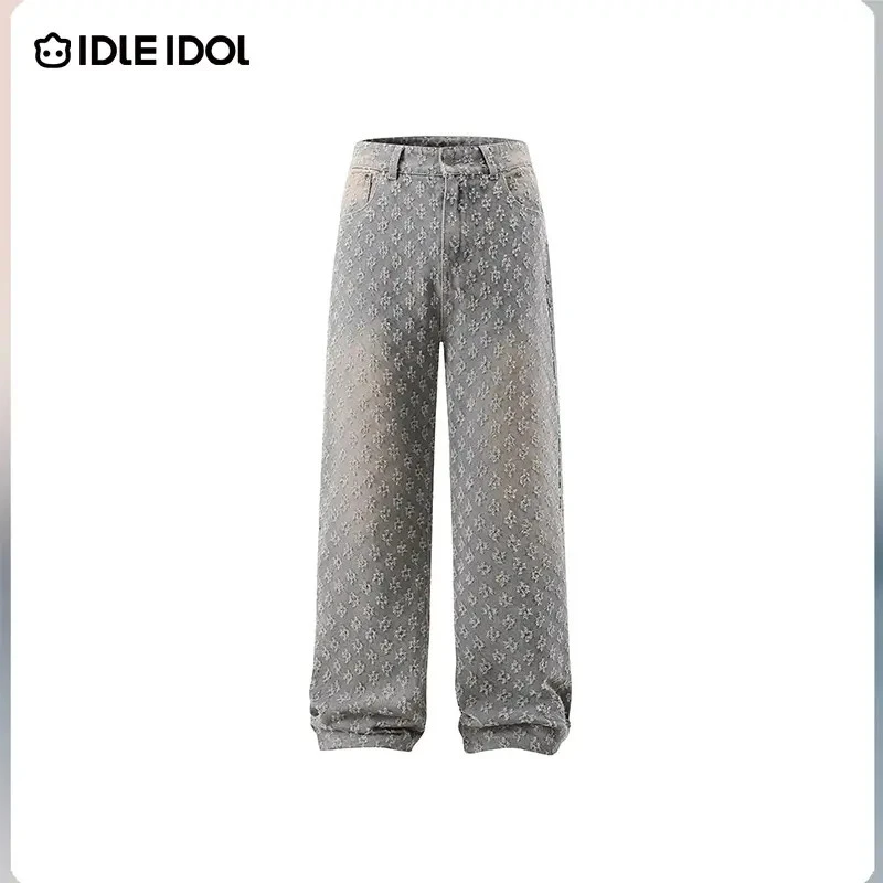 IDLE IDOL秋冬季时尚潮流长裤做旧休闲精致水洗提花情侣款牛仔裤