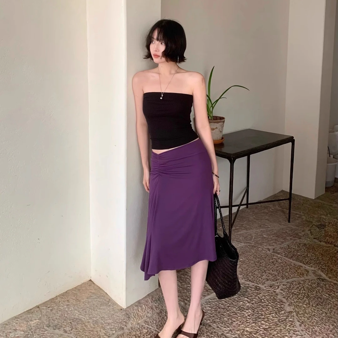 酒午自制【未央】法式复古夏季人棉高腰抽褶鱼尾裙摆包臀半身裙女