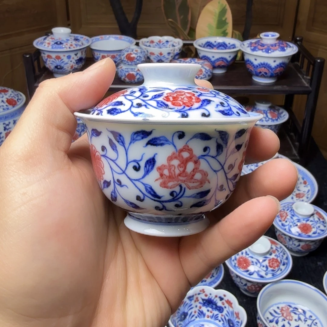 青花釉里红小盖碗80ml微瑕