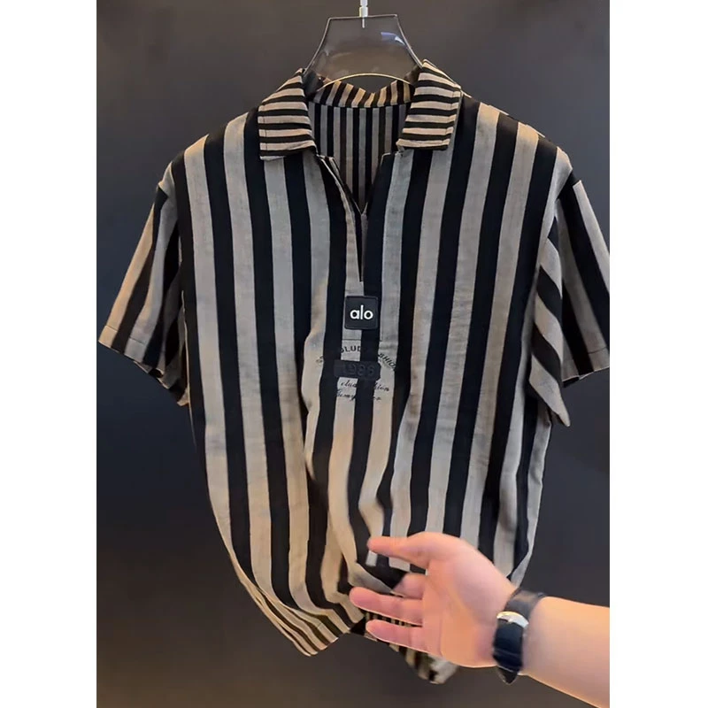 欧货轻奢高定大牌男装上衣2025夏季新款字母刺绣宽松条纹短袖体恤