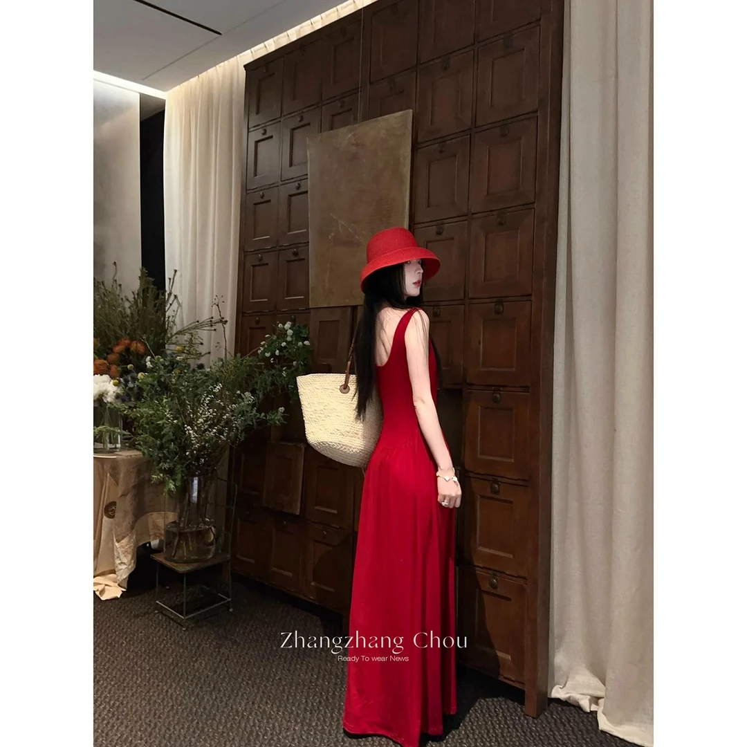 "玫馥花ji"法式复古吊带红色小众连衣裙无袖修身显瘦气质长裙夏