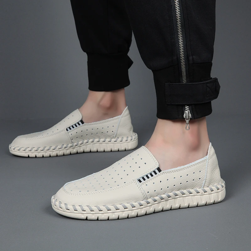 打孔透气头层牛皮皮鞋潮流真皮百搭镂空豆豆鞋手工洞洞鞋夏季男士