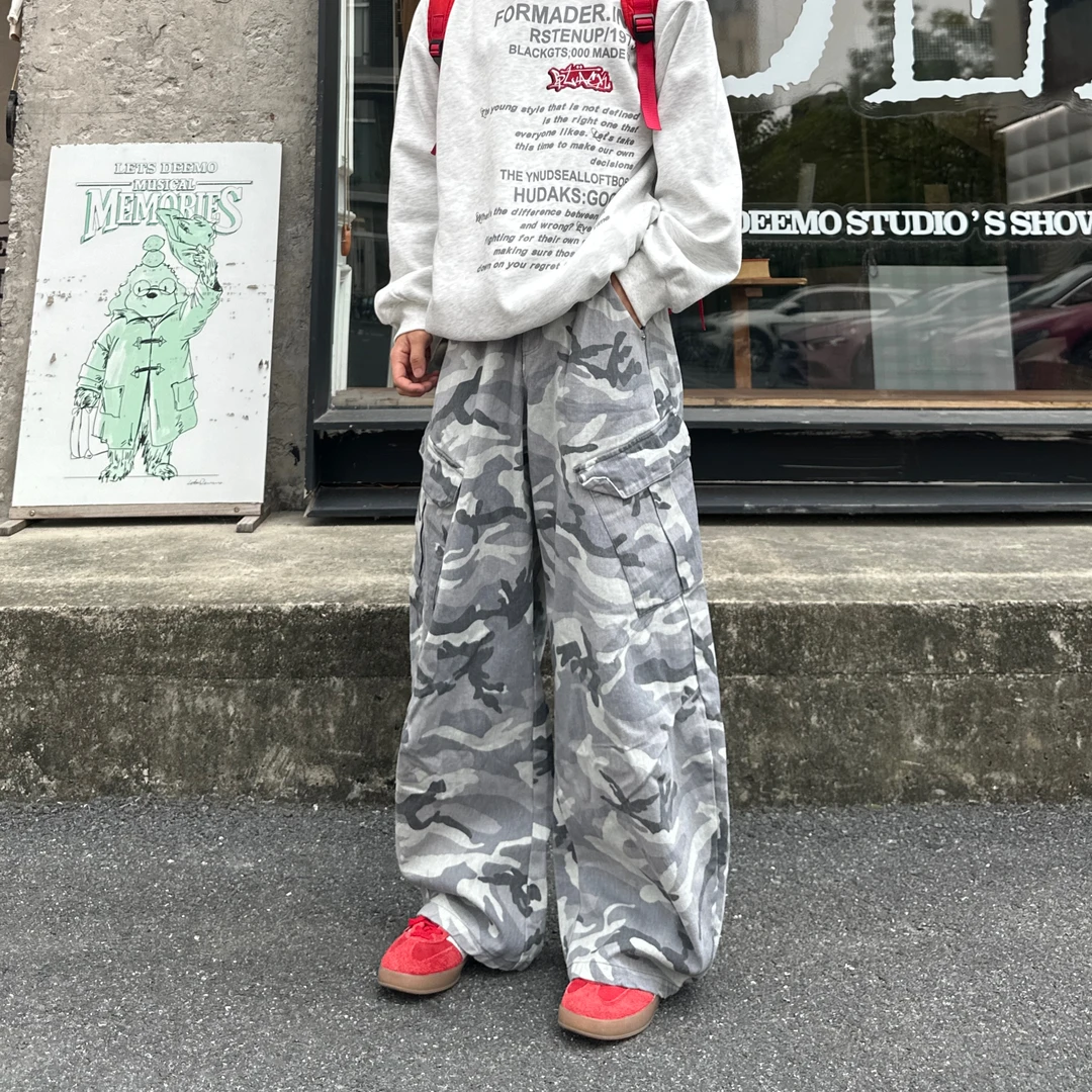 Fikzz美式复古迷彩工装裤男女宽松阔腿直筒褶皱多口袋伞兵休闲裤