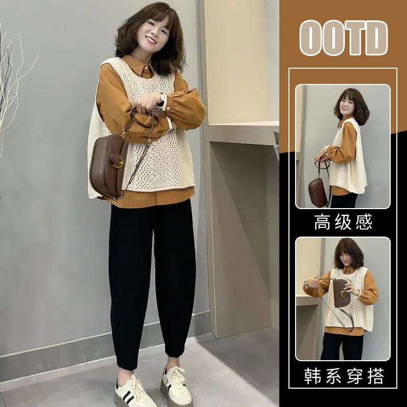 设计感时尚针织马甲套装女春秋2025新款长袖衬衫高腰休闲裤三件套