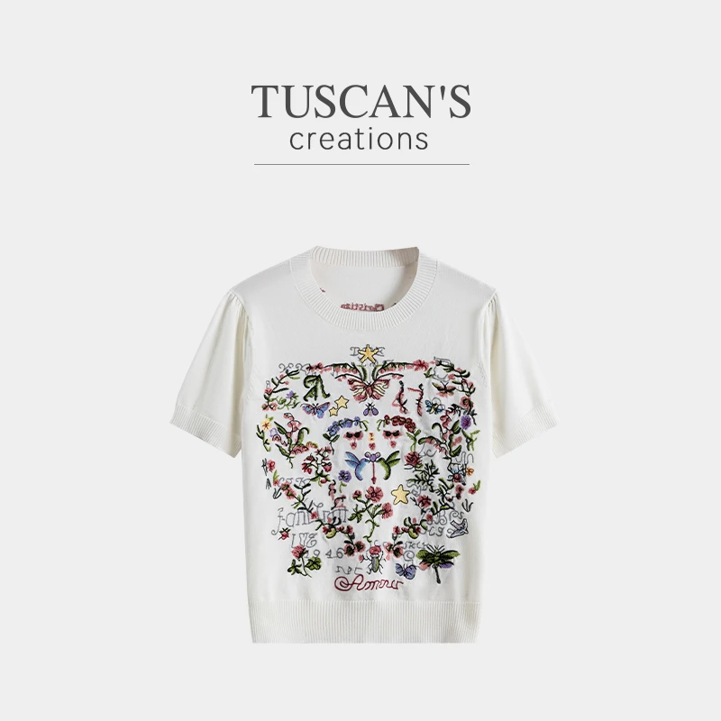 TUSCAN'S CREATIONS圆领针织夏季蝴蝶刺绣短袖针织衫时代集团