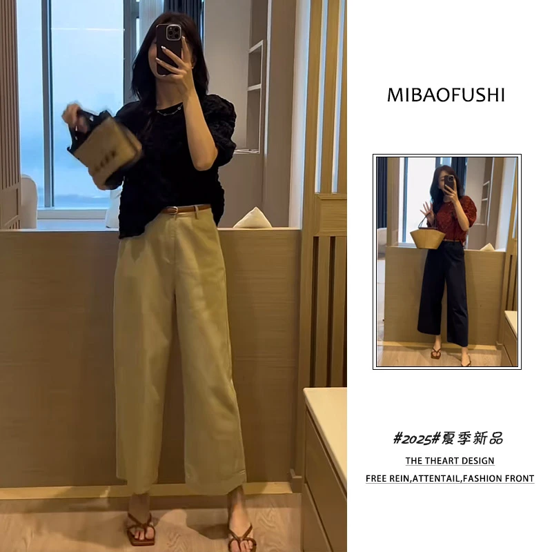 夏季穿搭一整套女装2025年新款韩系泡泡袖短袖上衣休闲裤两件套装