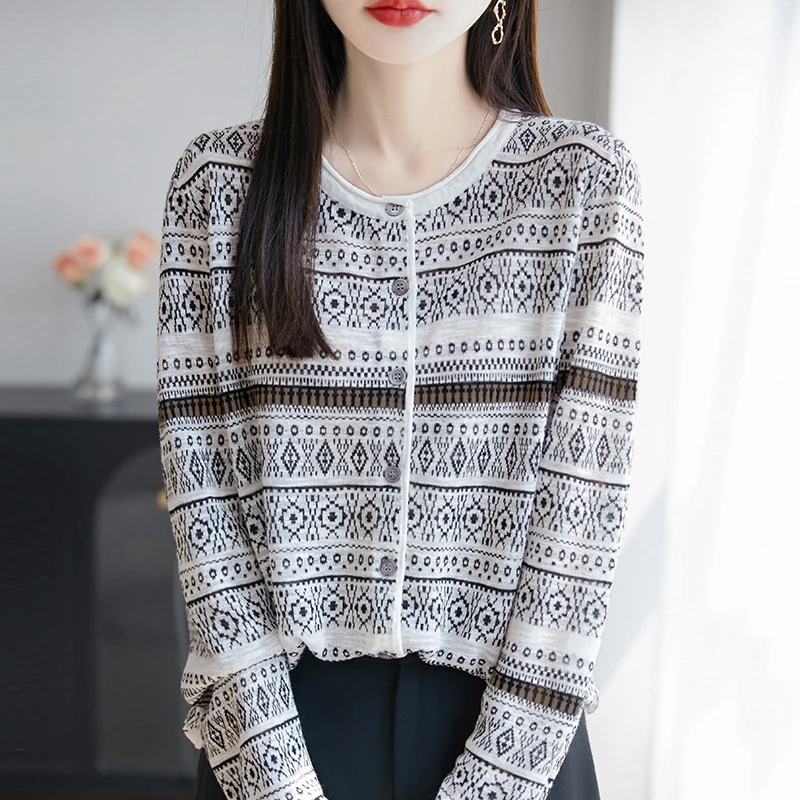 法式复古提花竹节麻圆领开衫短袖针织T恤25夏季新款宽松显瘦上衣