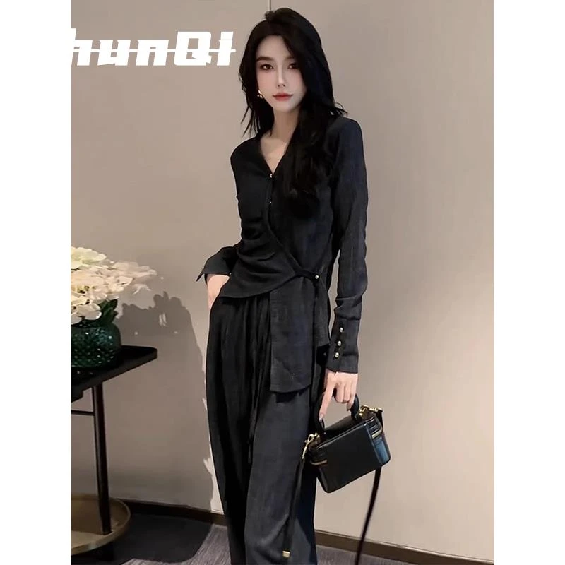 淳启入秋大码胖mm美拉德套装气质高级感衬衫阔腿裤盐系轻熟一整套