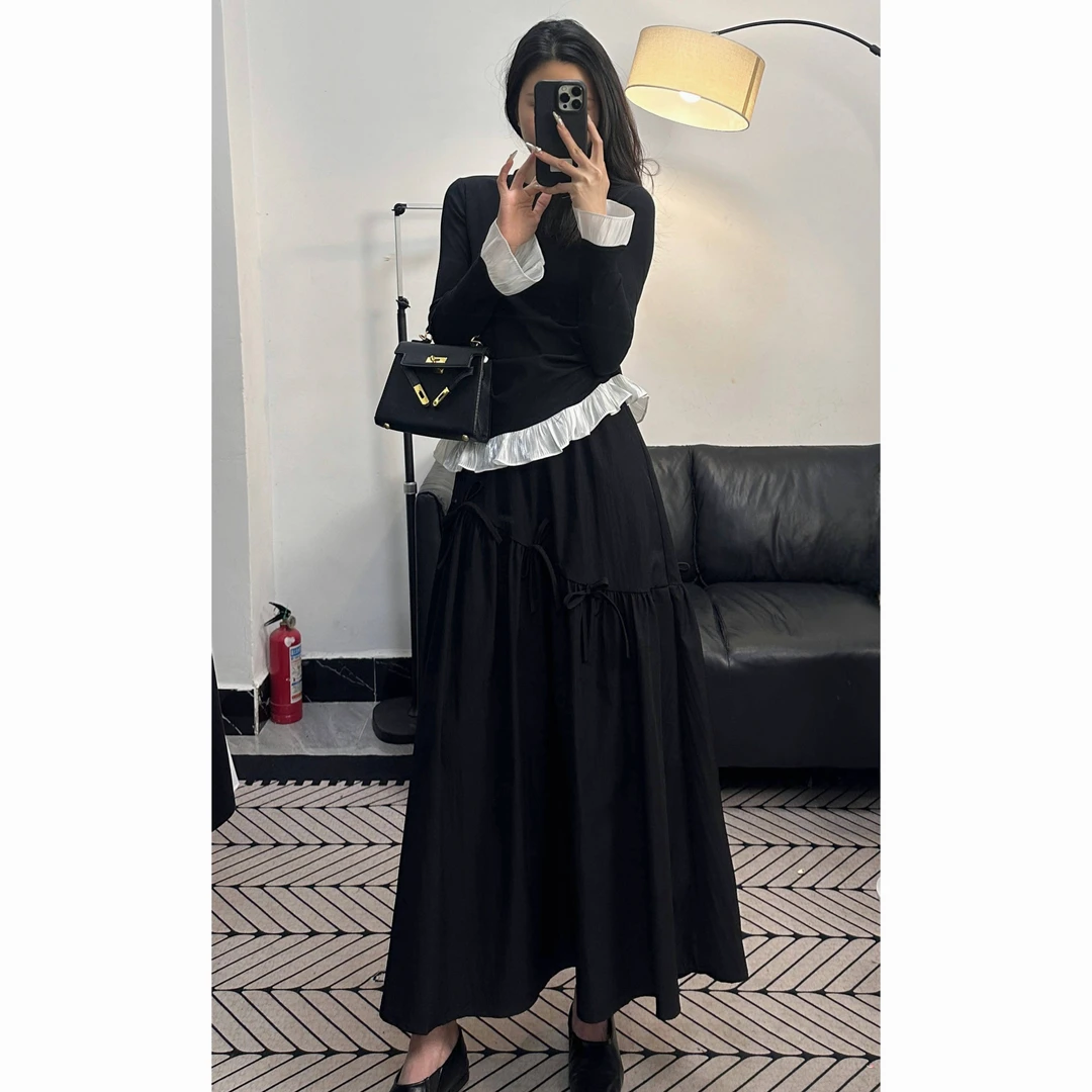 法式高腰显瘦减龄松紧腰半身裙女2025春季新款蝴蝶结A字半身长