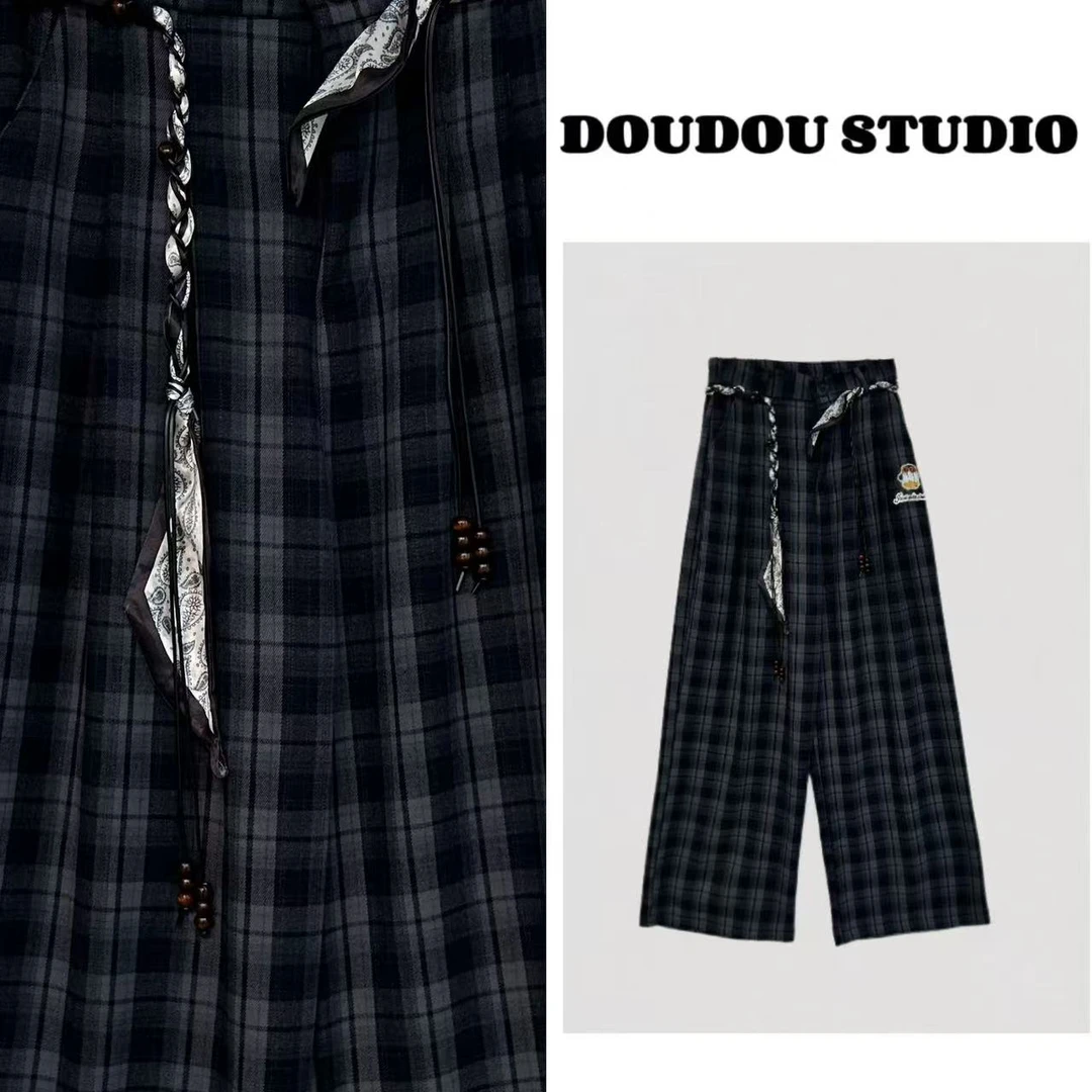 【兜兜】墨镜鸭鸭 秋季新款卡通小刺绣格子显瘦休闲长裤 井8877A