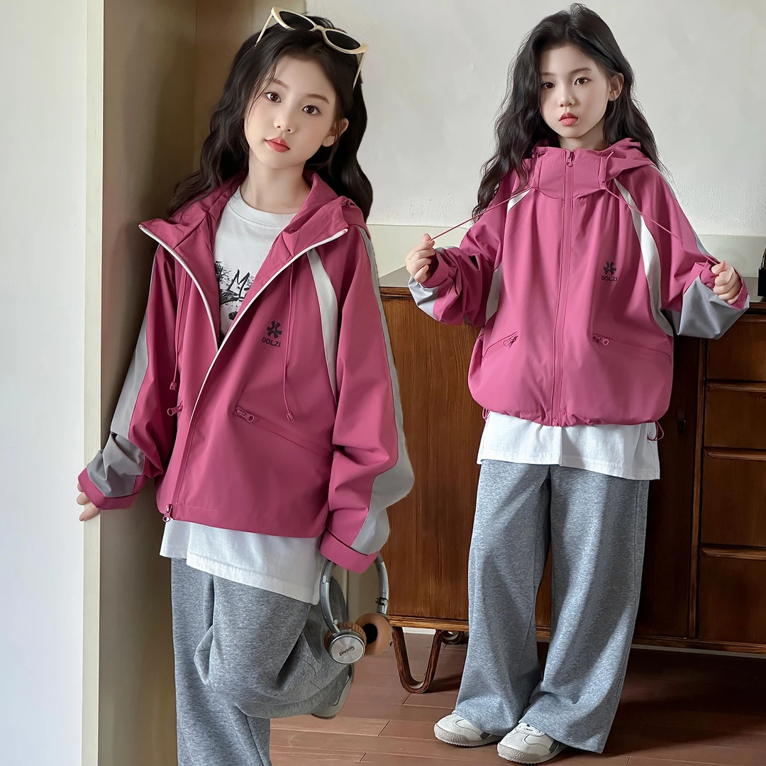 女童外套儿童冲锋衣春秋装2025新款大童韩范长袖洋气粉色连帽衣服