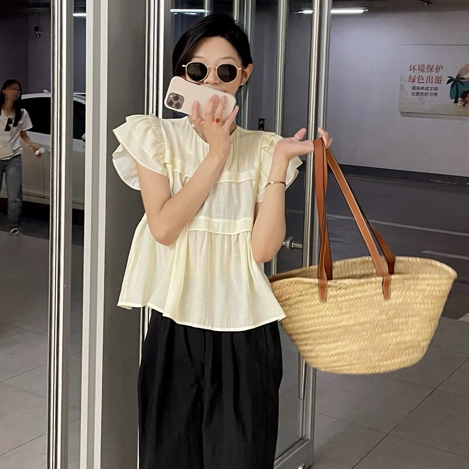 379可爱棉花糖少女感天丝肌理立体木耳边减龄衬衫复古洋气衬衣