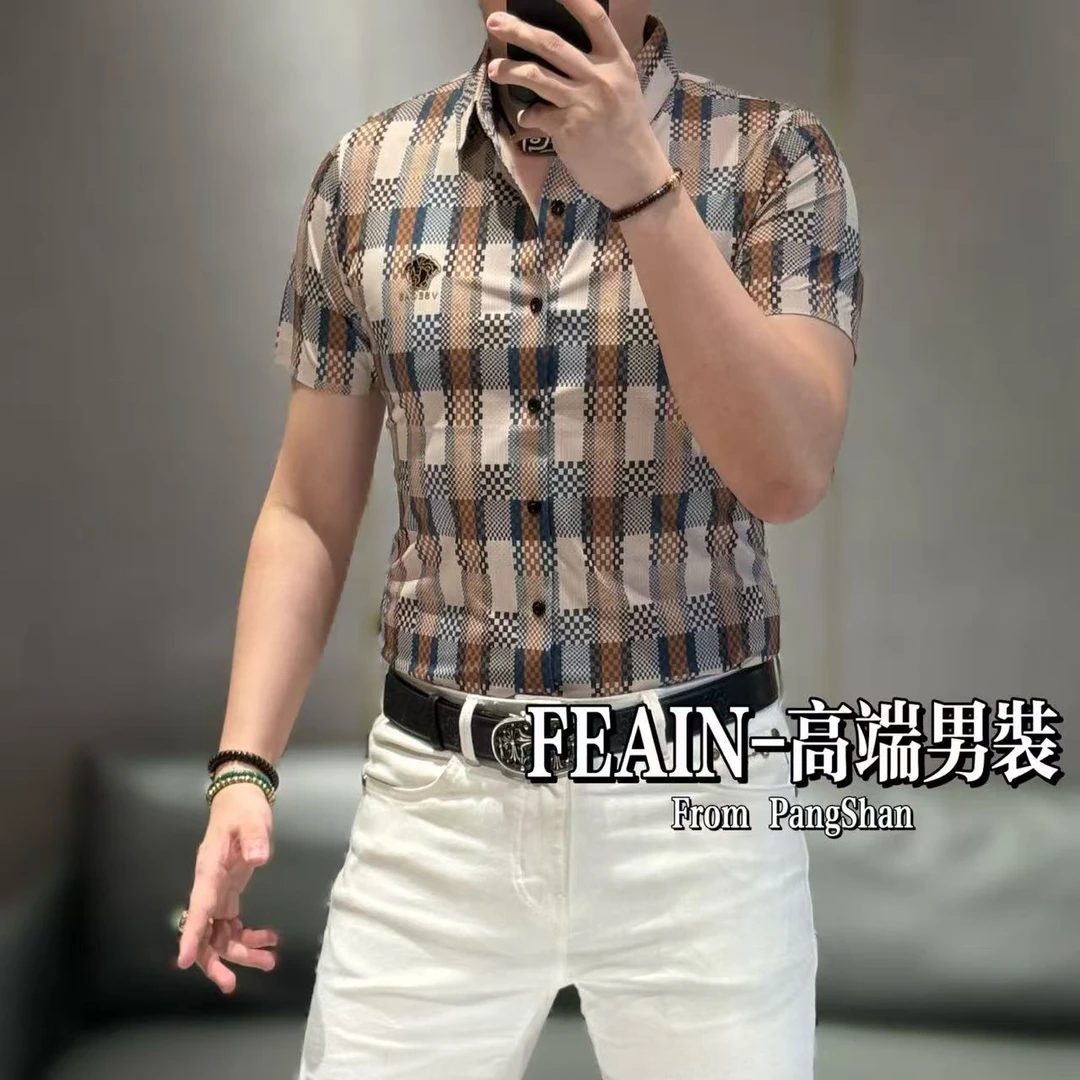 高端定制弹力莱卡美杜莎胸标经典撞色格纹短袖衬衫0628