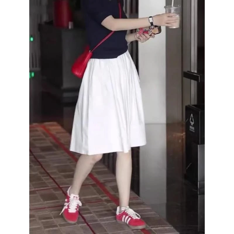2025夏季新款简约白色花苞半身裙女装宽松高腰显瘦裙子百搭半裙女