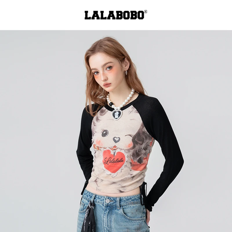 LALABOBO长袖修身显瘦复古印花圆领T恤LBEA-WSDT16