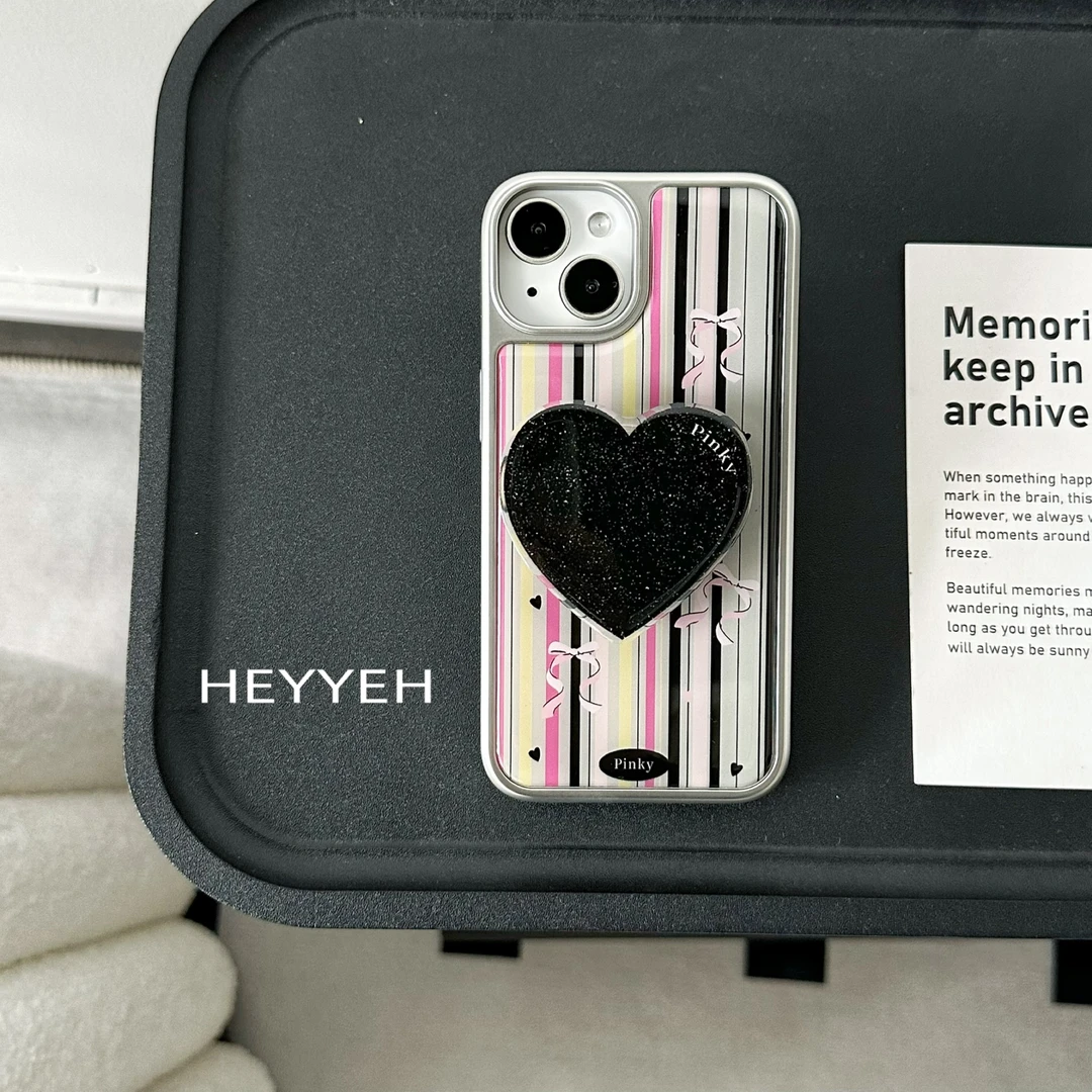 甜酷辣妹条纹爱心支架iPhone16pro max适用苹果15手机壳14防摔13