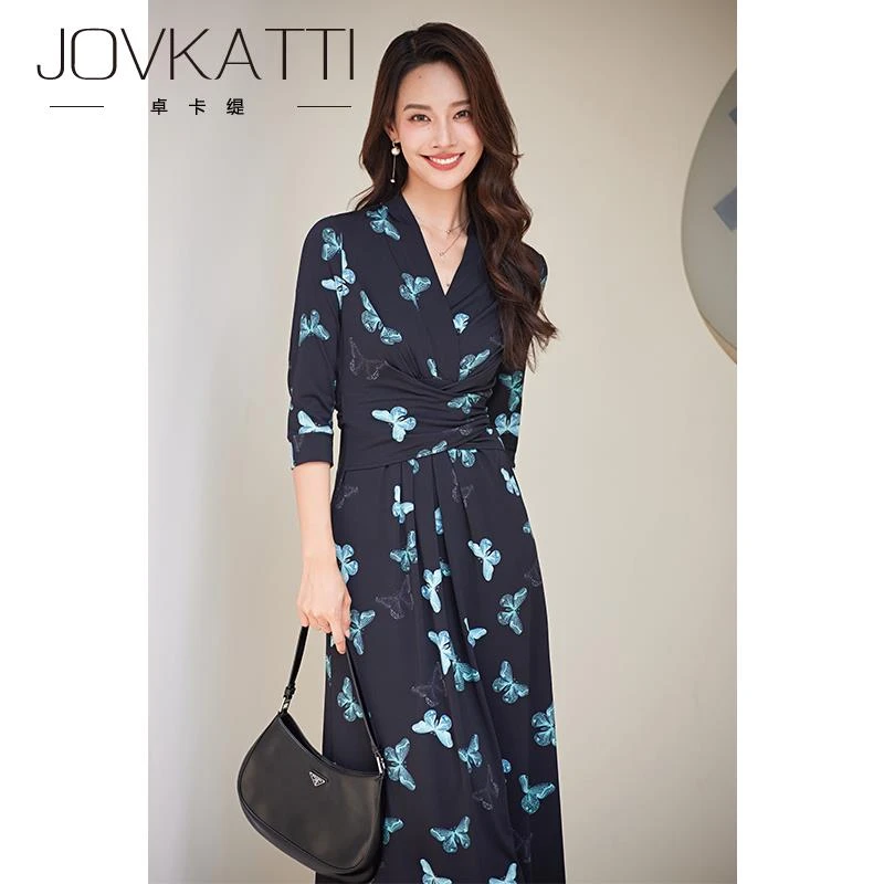 卓卡缇气质洋气釉蓝蝴蝶印花长袖连衣裙女v领显瘦裹身裙长款春夏