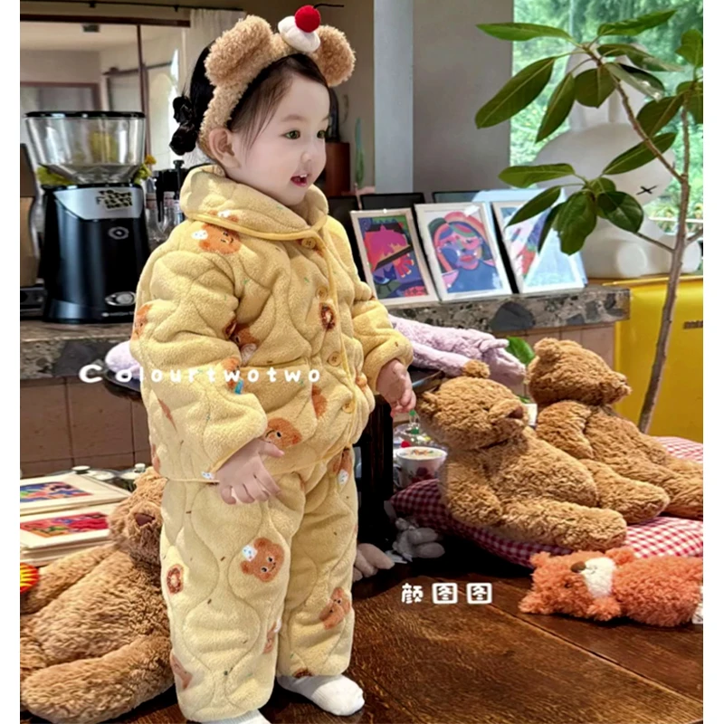 儿童睡衣男女童珊瑚绒秋冬季2025新款三层夹棉加绒加厚宝宝居家服