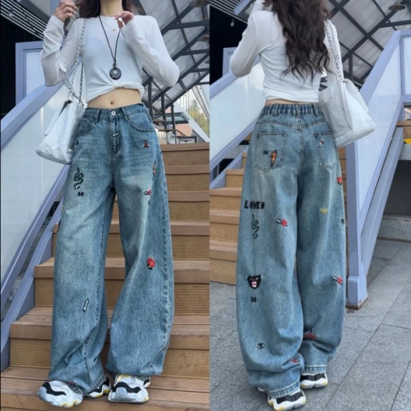 重工刺绣软牛仔裤弯刀牛仔裤女2025春季新款宽松阔腿直筒裤
