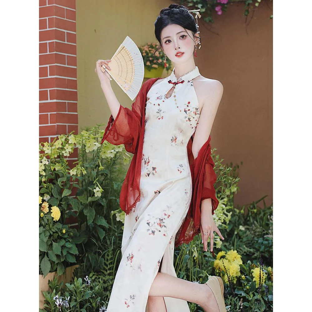 新中式挂脖水滴领改良旗袍外搭开衫2025春季新款超气质连衣裙套装