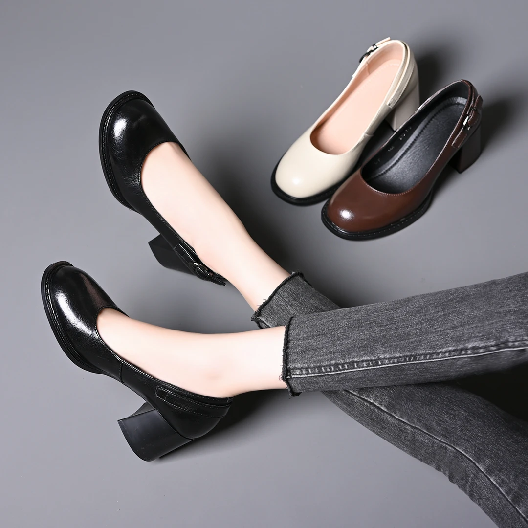 法式复古风圆头粗跟单鞋女2025春秋时尚浅口舒适软底通勤高跟鞋女