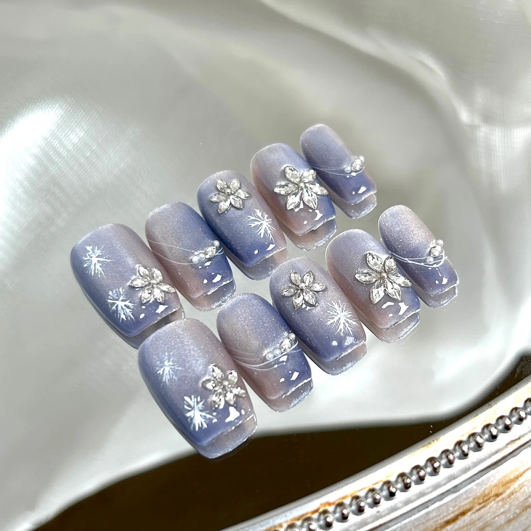【水晶冰花】蓝珊手工穿戴甲蓝雾紫渐变手绘雪花立体钻轻奢气质显白