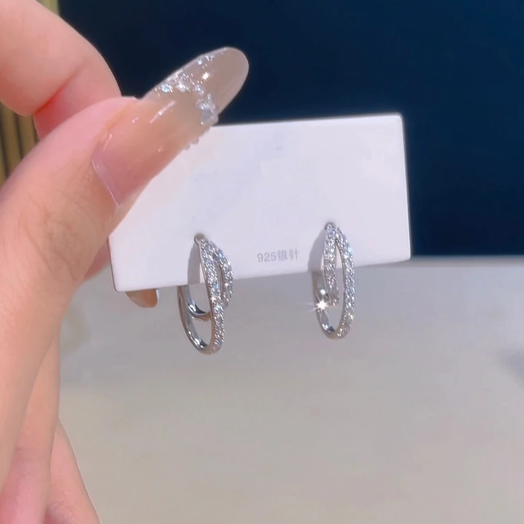 铜合金耳饰 银色双层交叉锆石耳环女款耳钉气质百搭网红秋冬耳饰