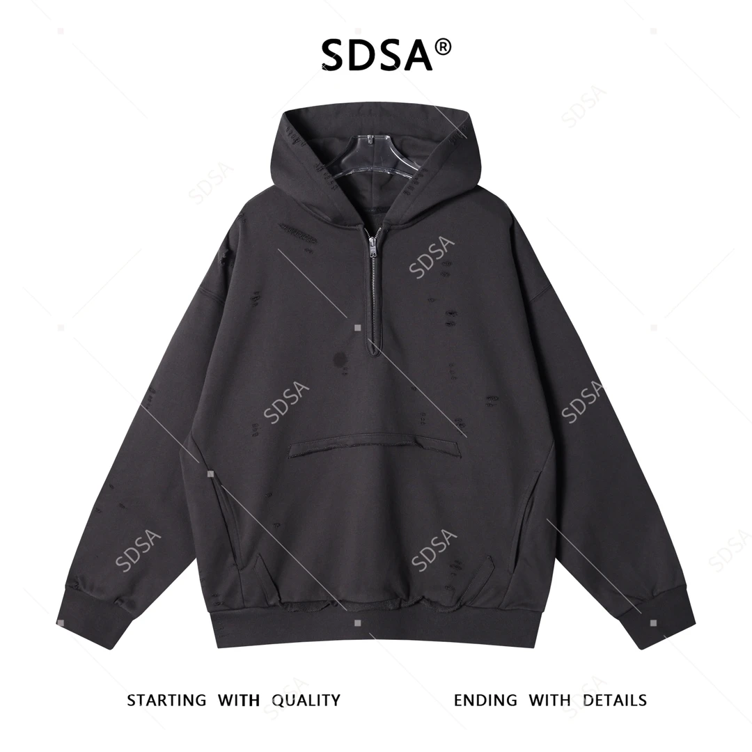 SDSA男士秋冬新款痞帅男装简约破洞半拉链连帽卫衣小众设计百搭