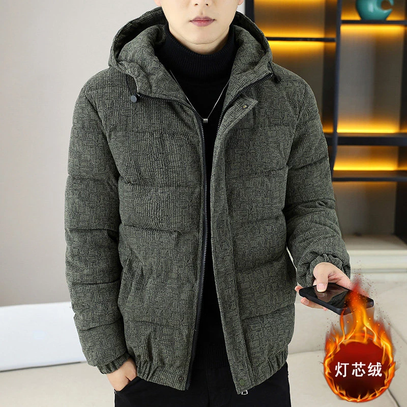 冬季新款加厚男士连帽时尚灯芯绒棉衣青年时尚棉服防寒保暖外套潮