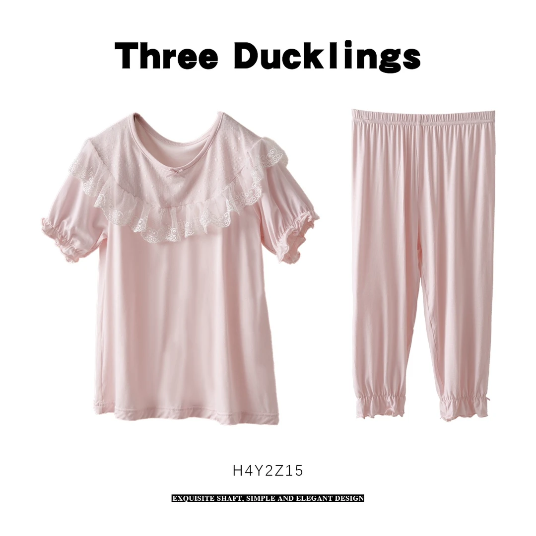 三只小鸭女童睡衣莫代尔蕾丝花边春夏短袖长裤宝宝儿童家居服