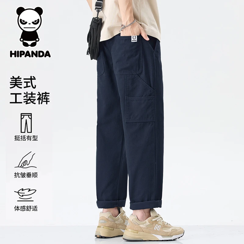 Hi Panda你好熊猫美式纯棉工装裤男夏季薄款宽松直筒阔腿休闲长裤