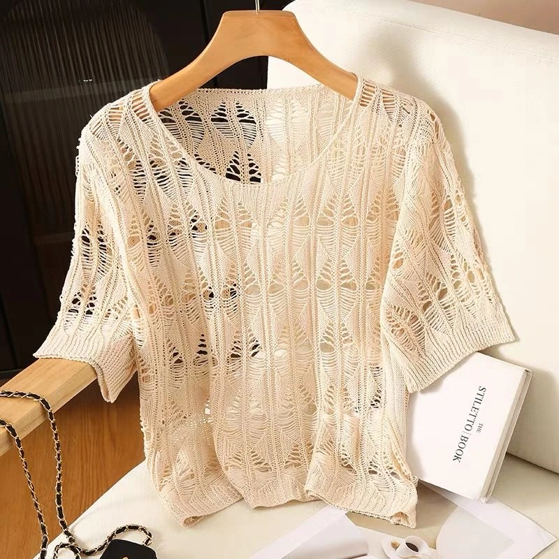12.28上短袖夏季女镂空薄款宽松毛针织衫大码韩版春夏百搭