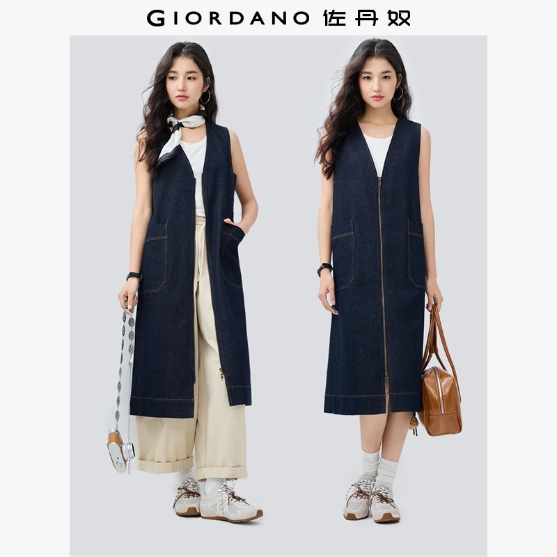佐丹奴裙子女装V领牛仔拉链背心裙可双穿长马甲裙 18465602