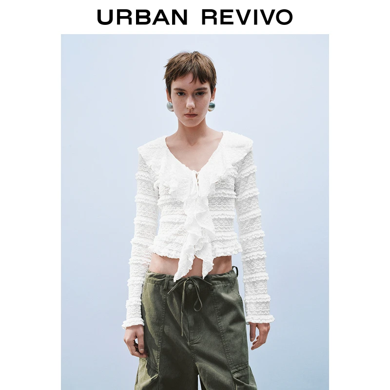 UR2025春季新款女装欧若风优雅荷叶边肌理感开襟衬衫UYL250011