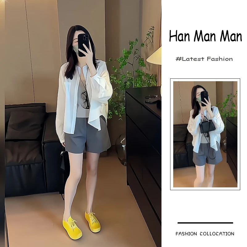 春季流行穿搭一整套新款2025韩系薄款防晒长袖衬衫吊带短裤三件套