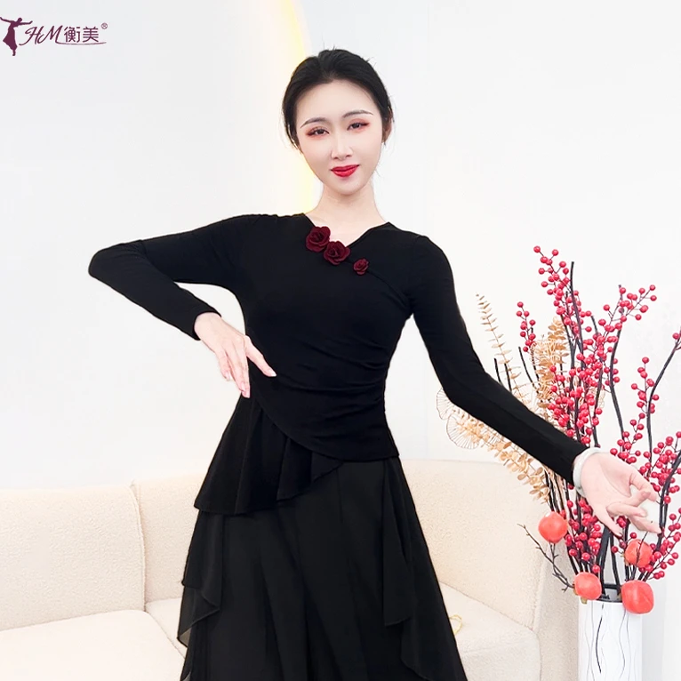 现代舞练功服修身上衣成人形体国风长袖立体玫瑰花中国民族舞服装