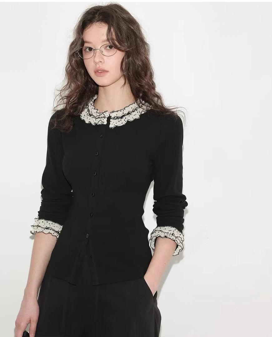 设计感撞色别致针织开衫女秋冬不规则波点花边毛衣修身打底衫上衣