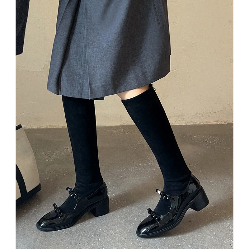 文艺风2025年新款小香风弹力显瘦瘦长靴蝴蝶结粗跟短靴高跟袜靴女