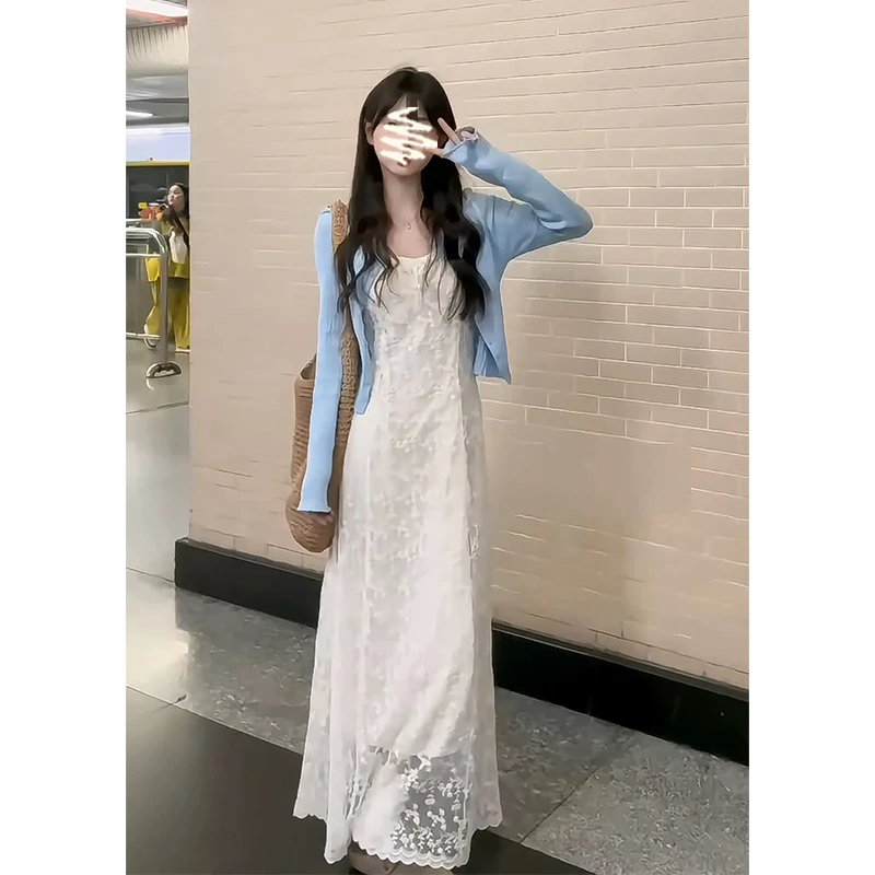 2025夏季新款女韩系穿搭短款长袖针织开衫气质收腰碎花吊带连衣裙