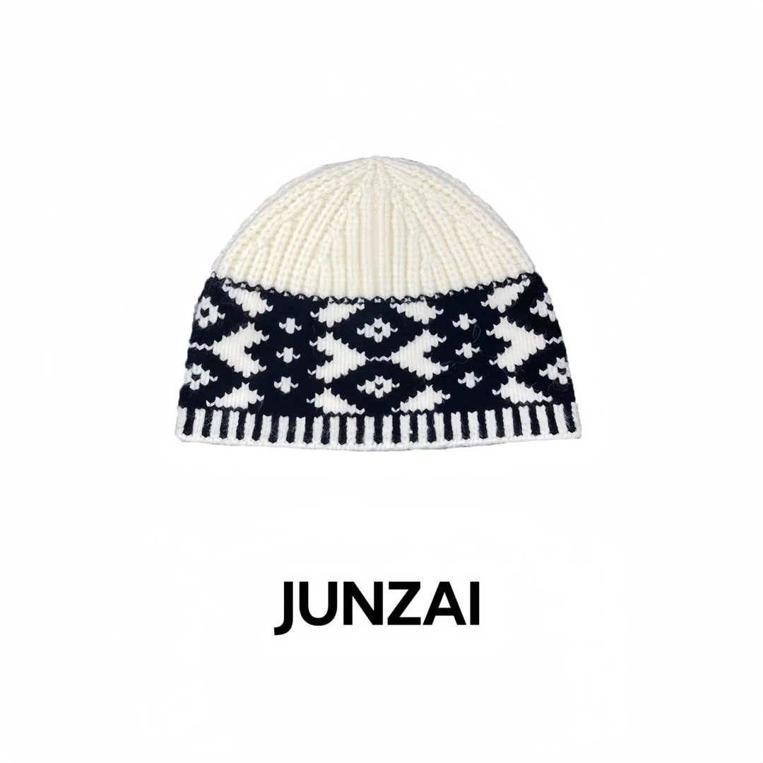 JUNZAI 韩国新款毛线帽情侣秋冬设计师款菱形图案拼色针织帽冷帽