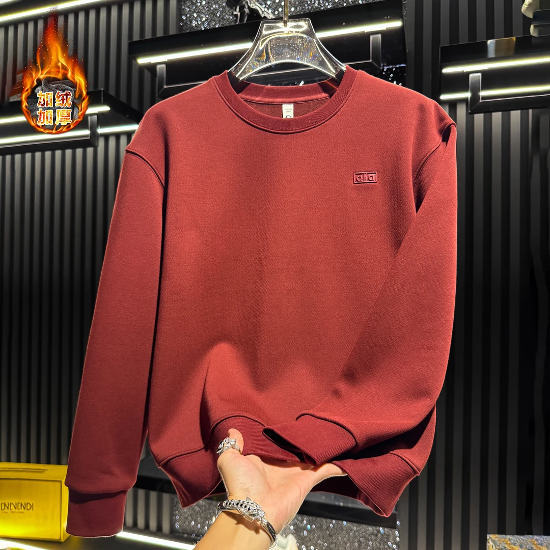 欧货2025新款加绒加厚圆领卫衣男秋冬简约时尚百搭潮牌长袖上衣