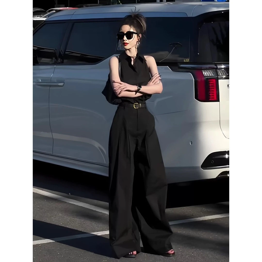 M158 气质套装无袖衬衫上衣夏季休闲阔腿裤子两件套送腰带