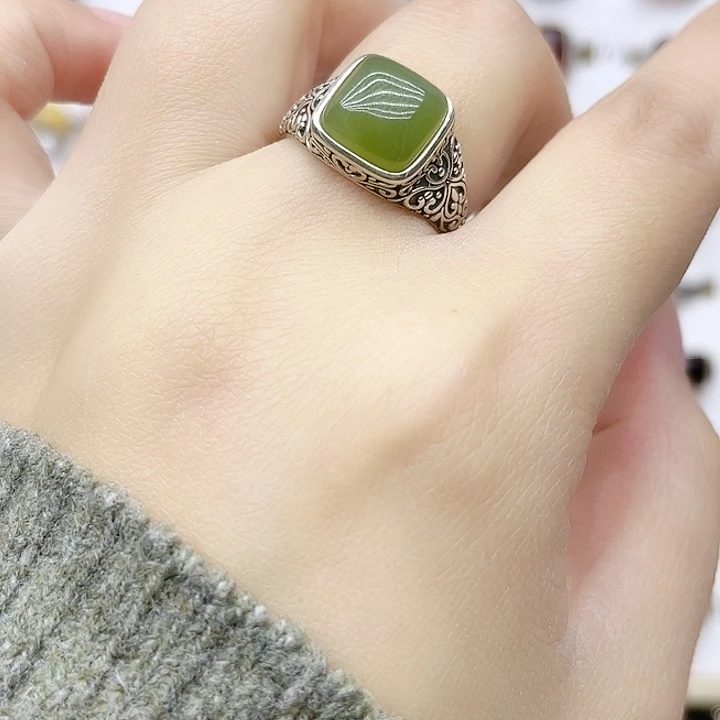 和田玉戒指银S925镶嵌天然