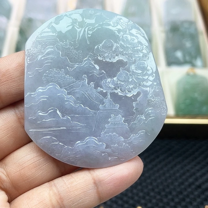 翡翠未镶嵌颈饰天然翡翠山水牌