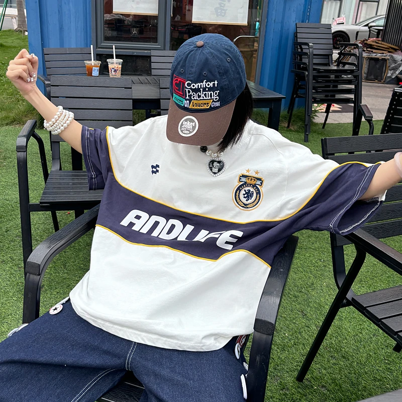 ANDIFE品牌刺绣拼接美式复古重磅球衣短袖t恤潮牌男女同款夏季