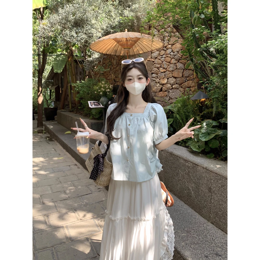 学院风韩系纯欲简约方领短袖衬衫小众别致抽绳收腰上衣半身裙套装