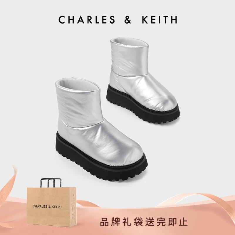 CHARLES & KEITH女士休闲银色充绒厚底雪地靴短靴 CK1-90280053