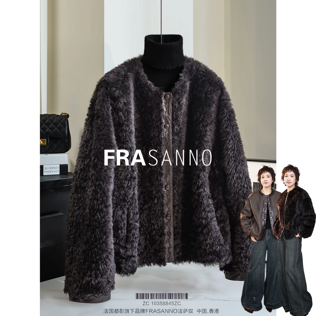 FRASANNO西班牙进口原生态皮毛一体女外套气质显瘦圆领两面穿皮草