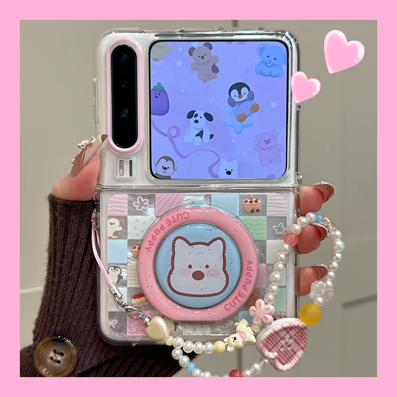 适用华为purax阔折叠屏手机壳卡通格子pocket2羽纱西高地狗狗支架