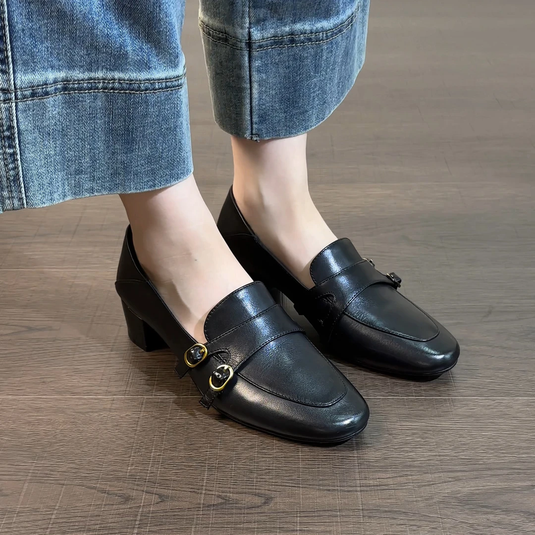 3.5cm/2635牛皮粗跟学院风低跟浅口女单鞋复古乐福鞋英伦风女鞋